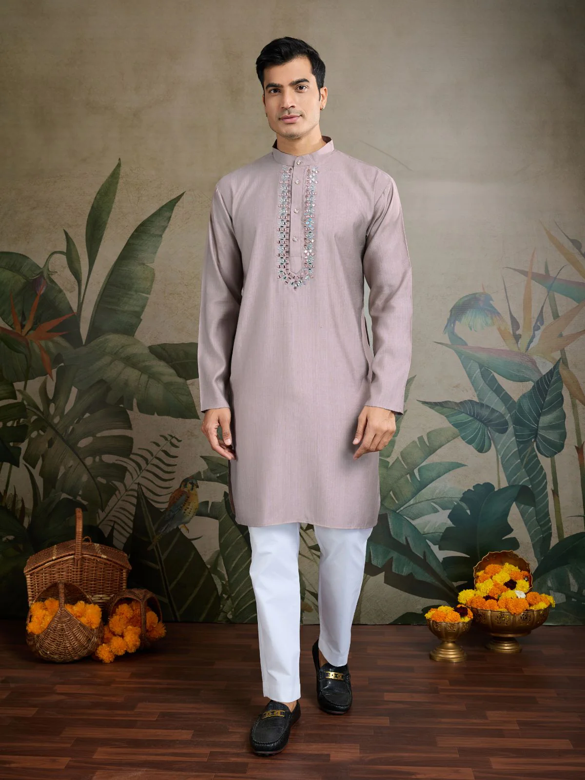 Odette Lavender Silk Blend Embellished Kurta For Men - Image 3