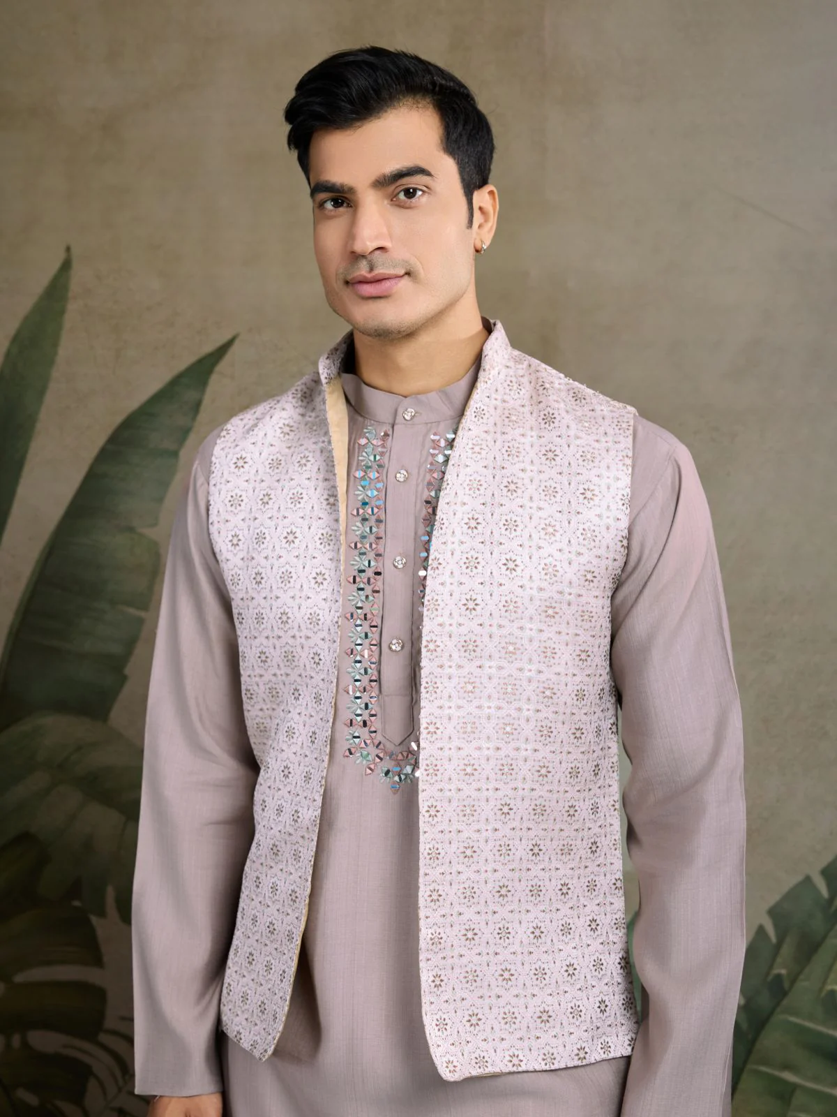 Odette Lavender Silk Blend Embellished Kurta For Men - Image 5