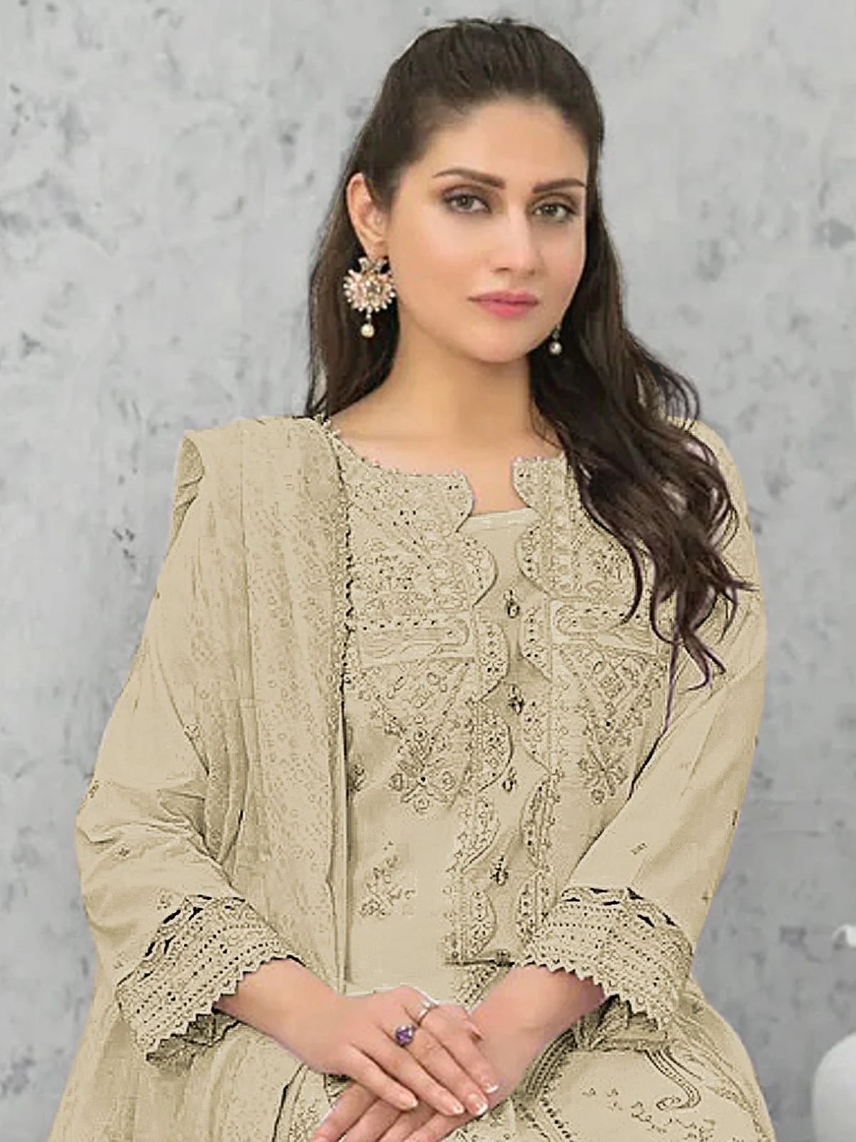 Odette Light Beige Cotton Blend Embroidered Semi Stitched Kurta Set For Women - Image 2