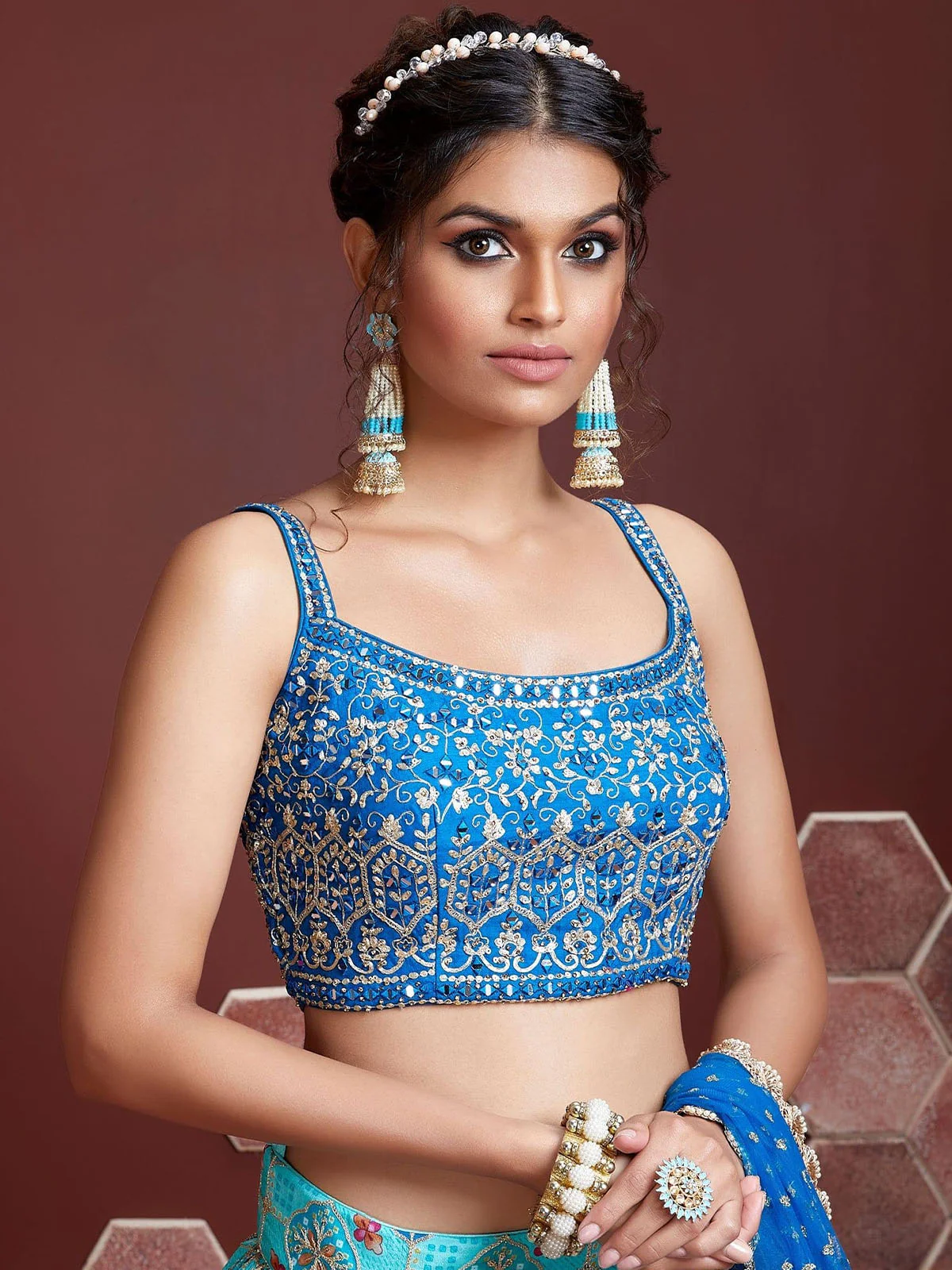 Odette Light Blue Chinon Silk Embellished Semi Stitched Lehenga With Unstitched Blouse For Women - Image 2
