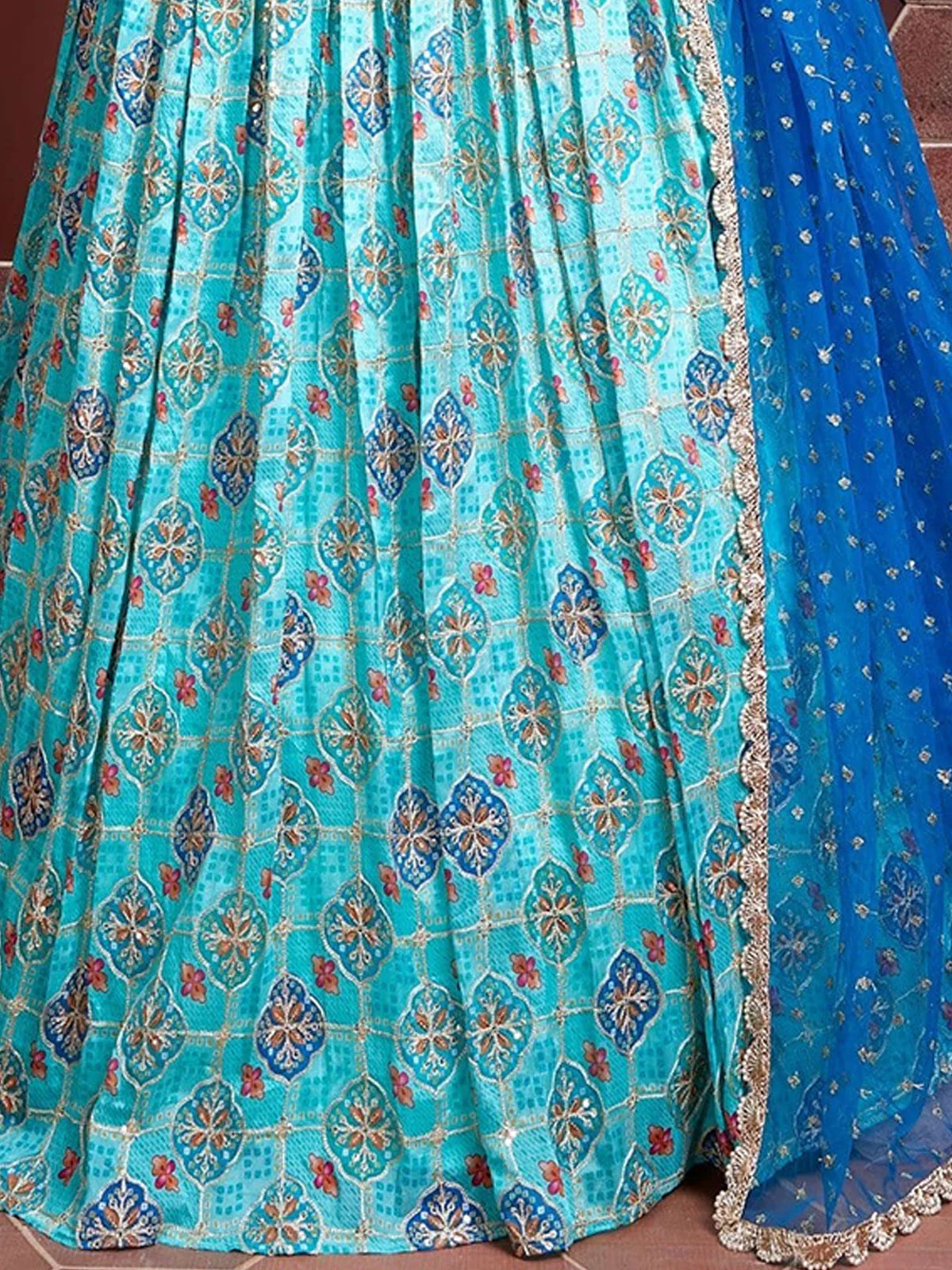 Odette Light Blue Chinon Silk Embellished Semi Stitched Lehenga With Unstitched Blouse For Women - Image 3