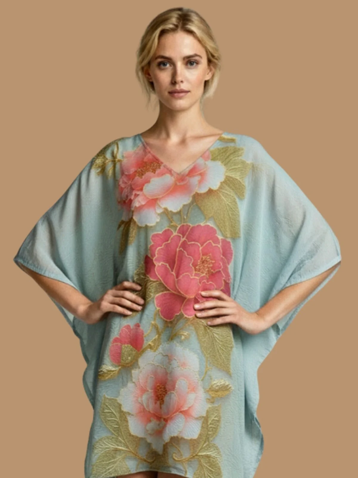 Odette Light Blue Cotton Blend Printed Kaftan For Women - Image 4