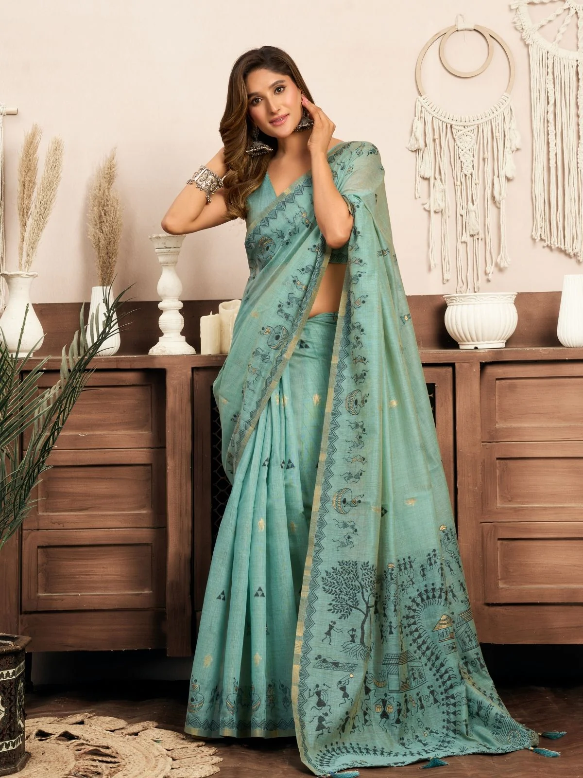 Odette Light Blue Cotton Blend Printed Saree For Women - Image 3