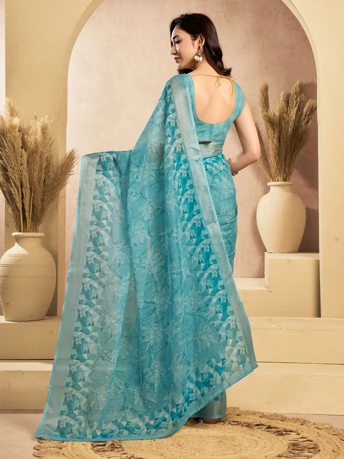 Odette Light Blue Cotton Linen Zari Work Saree For Women - Image 4