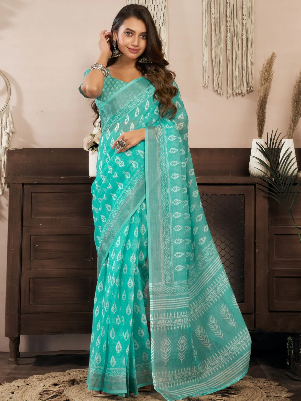 Odette Light Blue Cotton Linen Zari Work Saree For Women