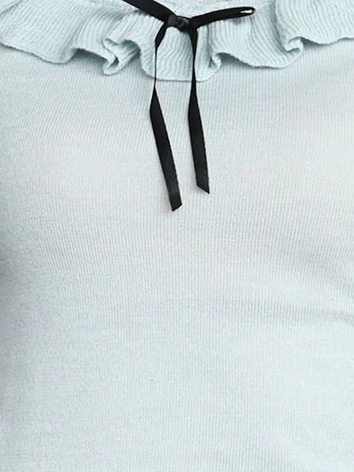Odette Light Blue Cotton Rib Solid Top For Women - Image 4