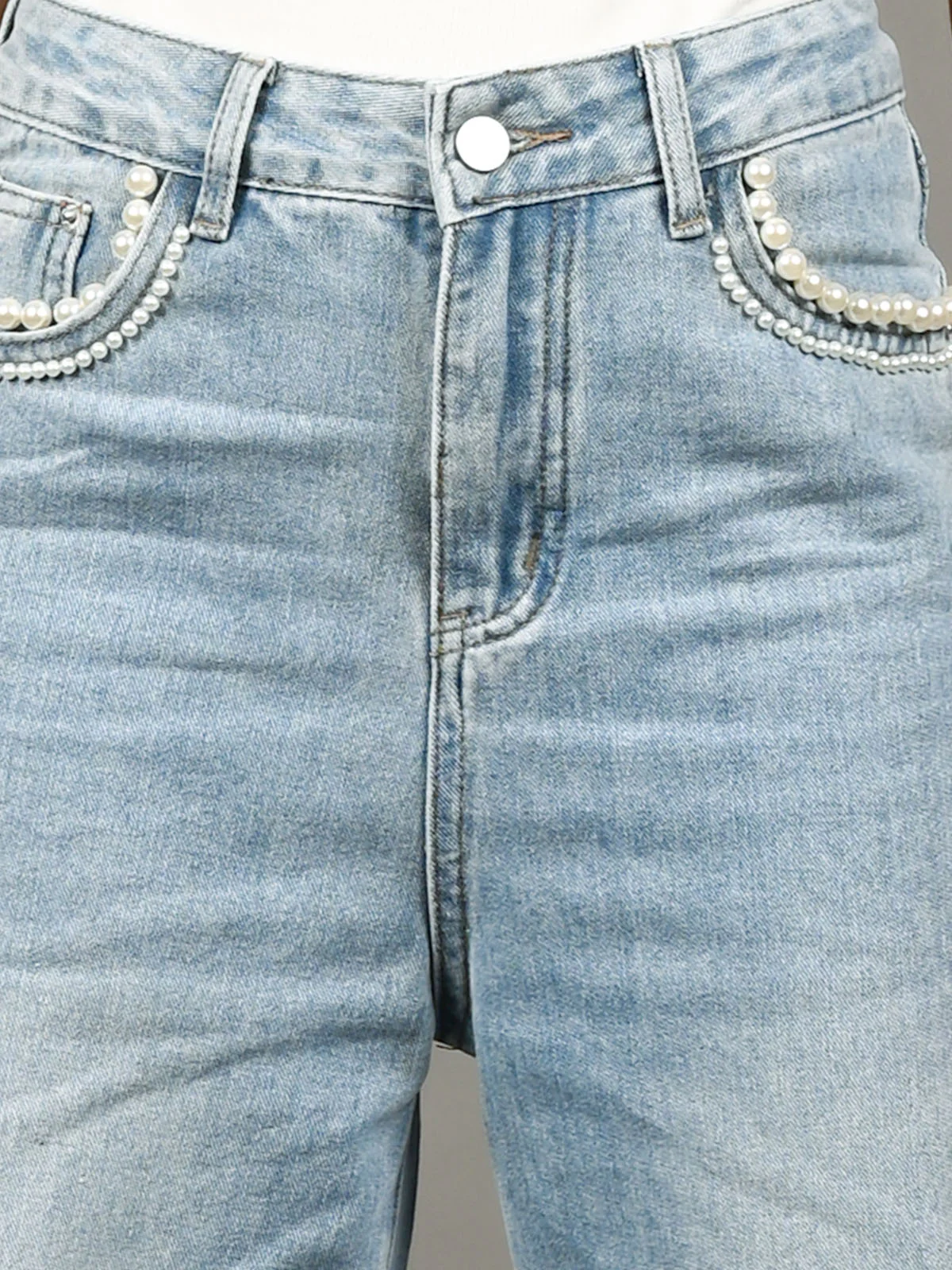 Odette Light Blue Denim Beaded Jeans For Women - Image 4