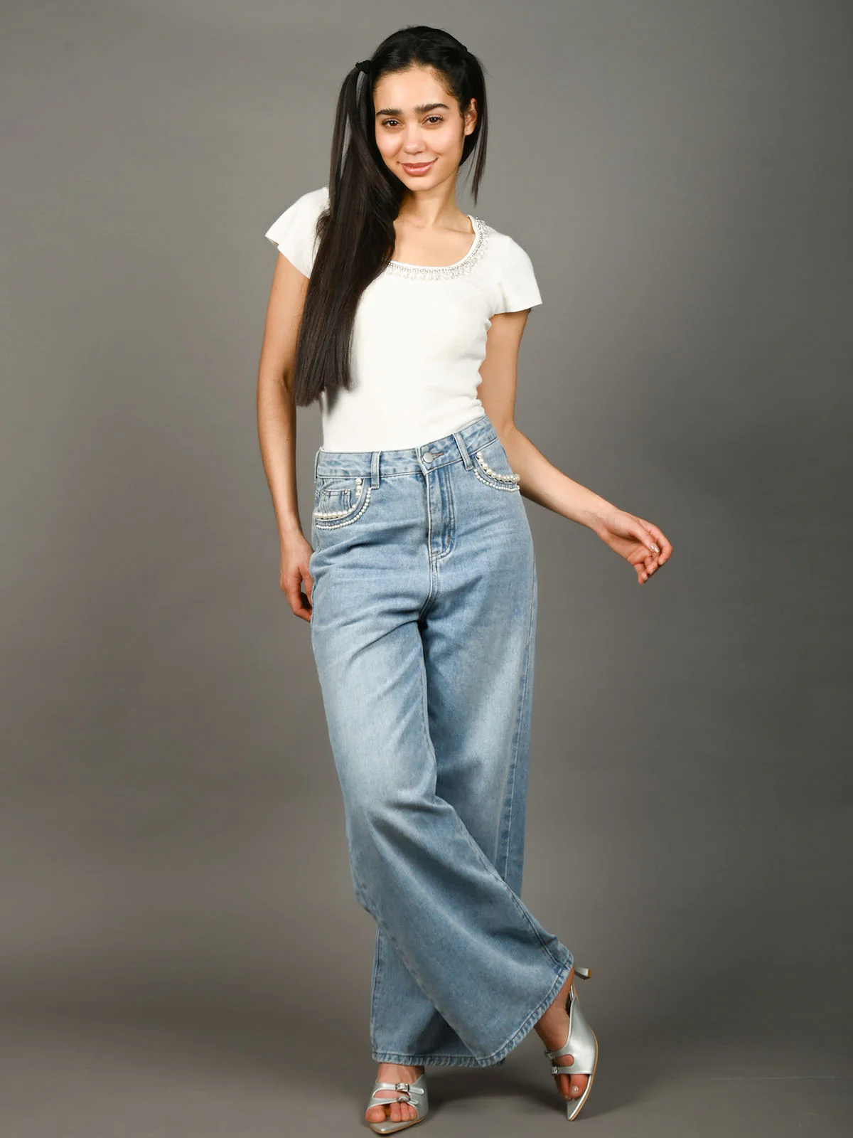 Odette Light Blue Denim Beaded Jeans For Women - Image 5