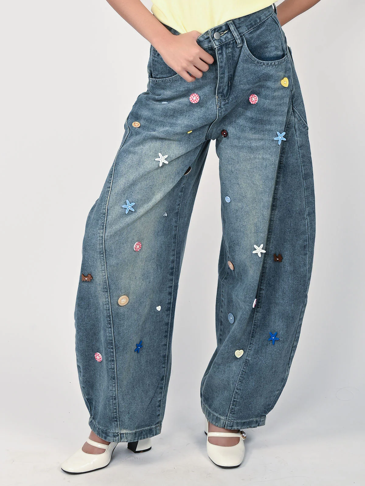 Odette Light Blue Denim Button Work Jeans For Women