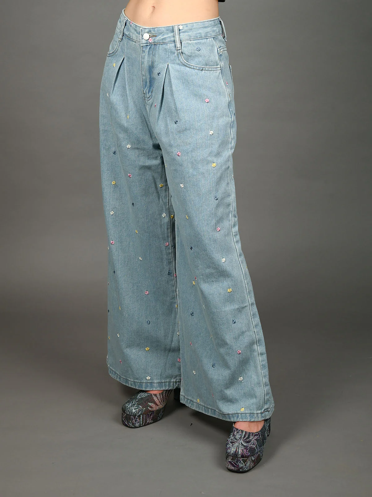 Odette Light Blue Denim Embroidered Jeans For Women - Image 2