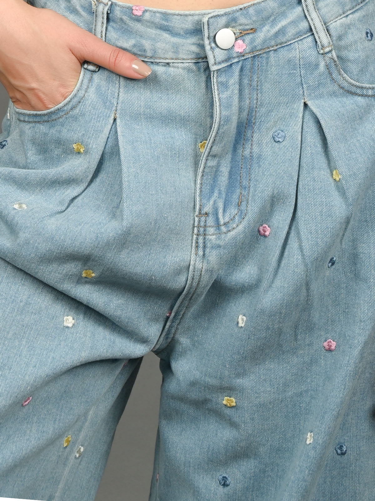 Odette Light Blue Denim Embroidered Jeans For Women - Image 4