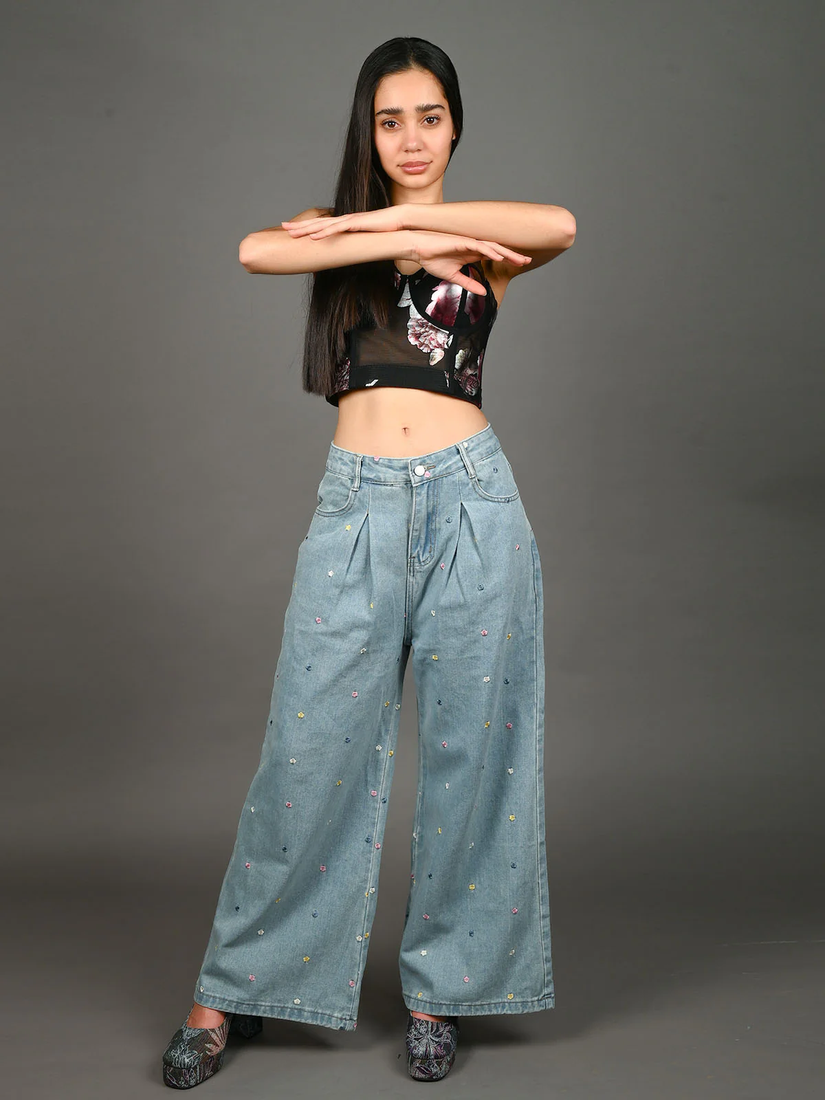 Odette Light Blue Denim Embroidered Jeans For Women - Image 5