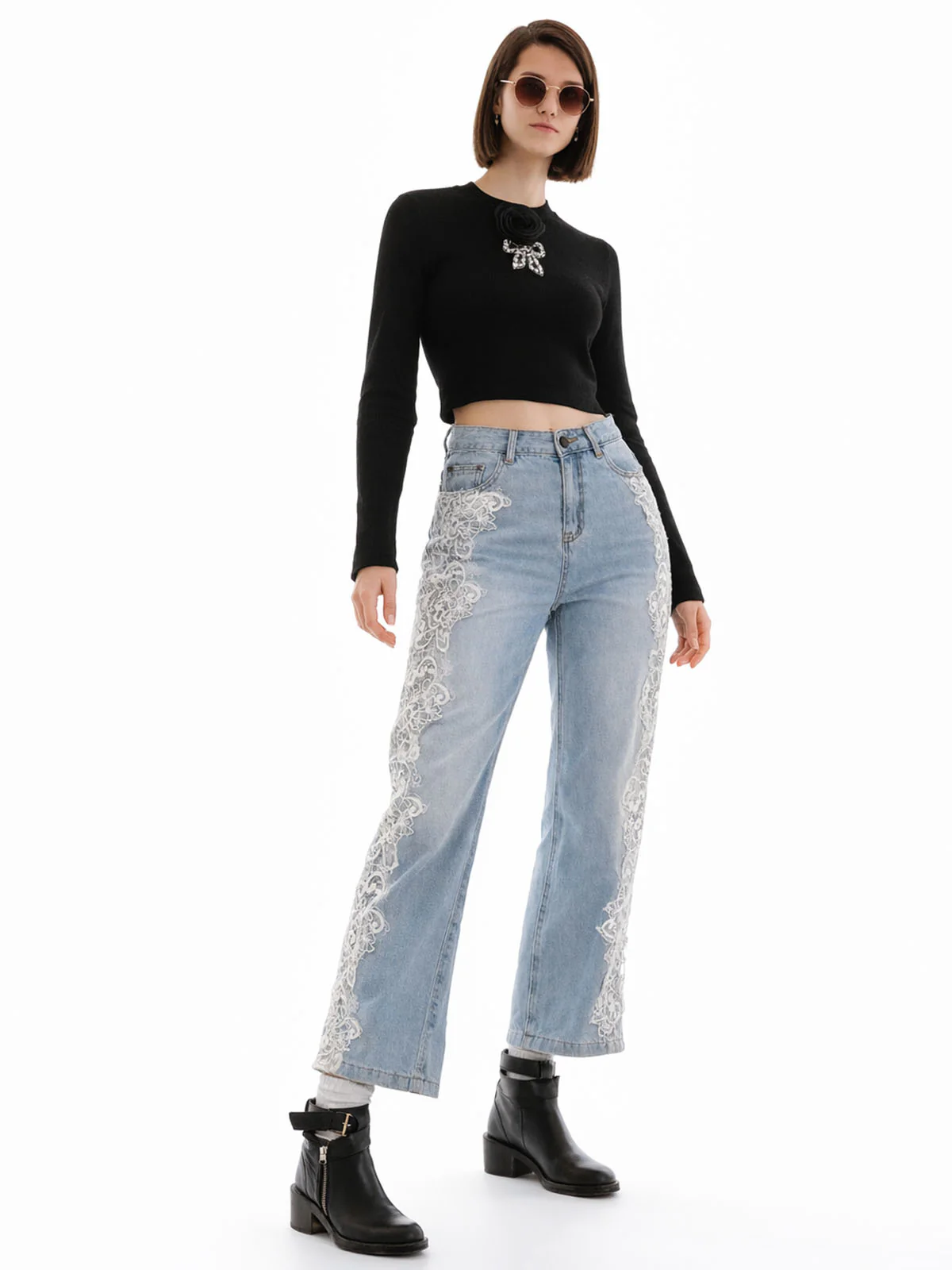 Odette Light Blue Denim Lace Work Jeans For Women