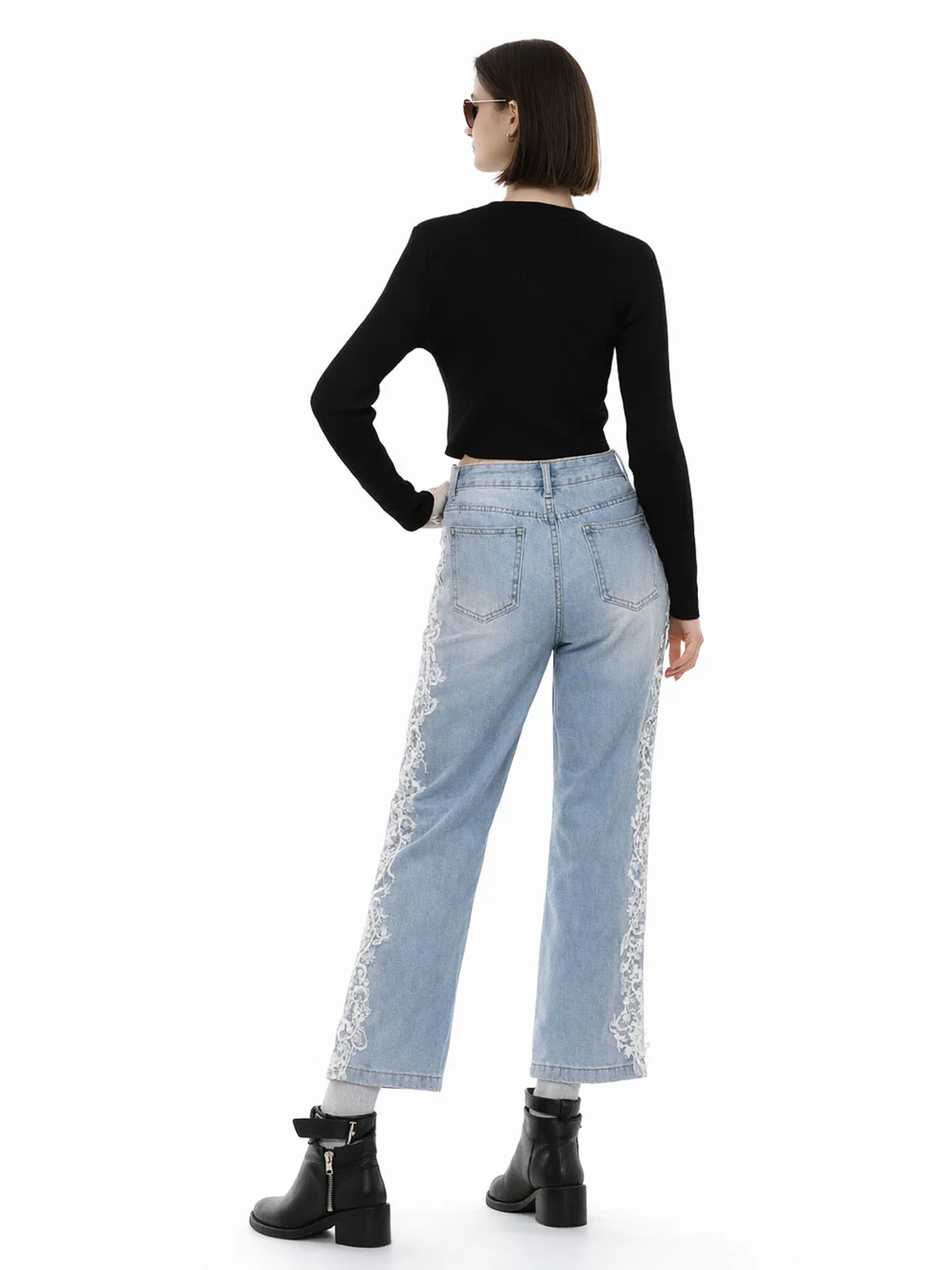 Odette Light Blue Denim Lace Work Jeans For Women - Image 3