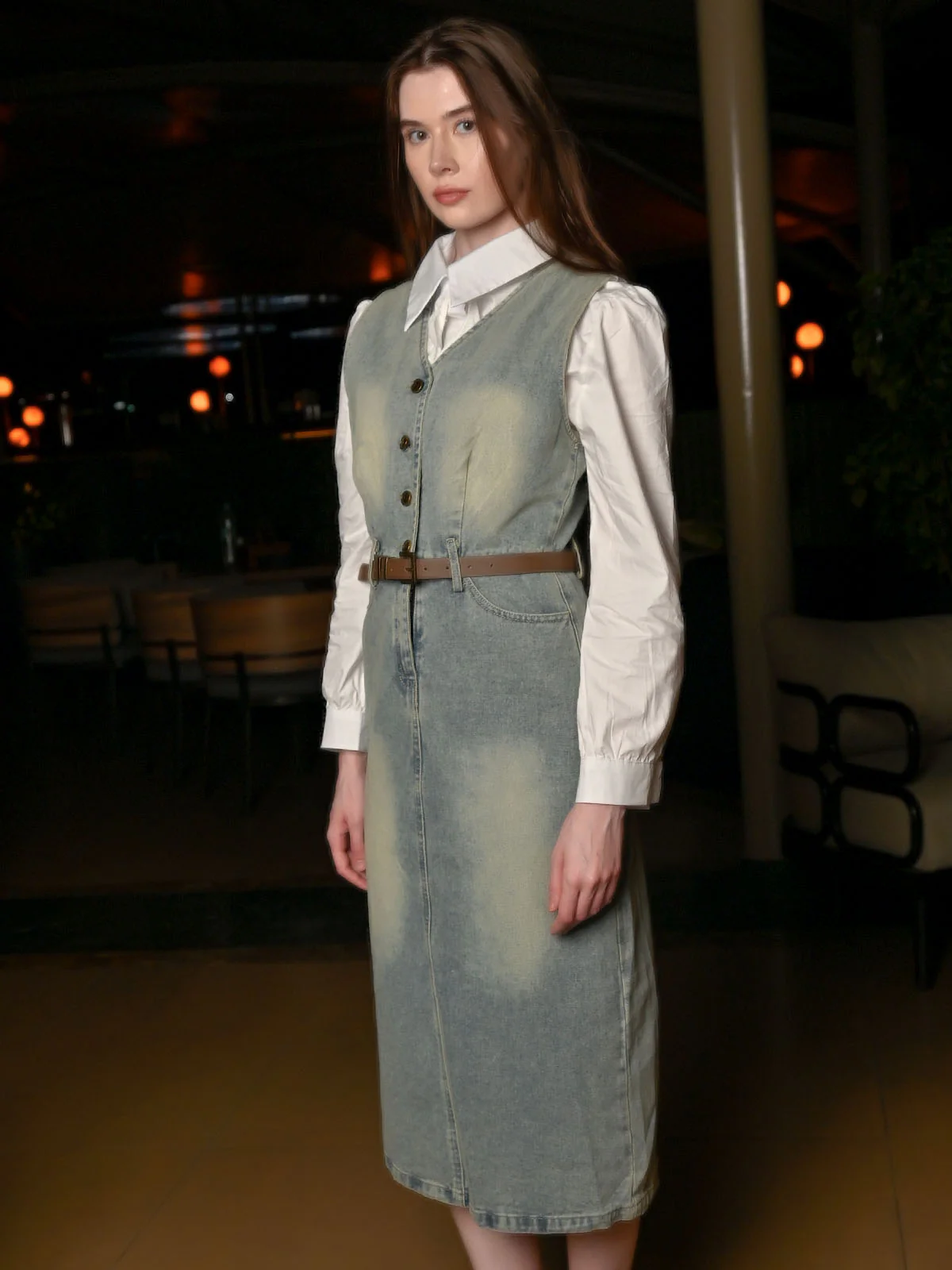 Odette Light Blue Denim Solid Dress For Women - Image 2