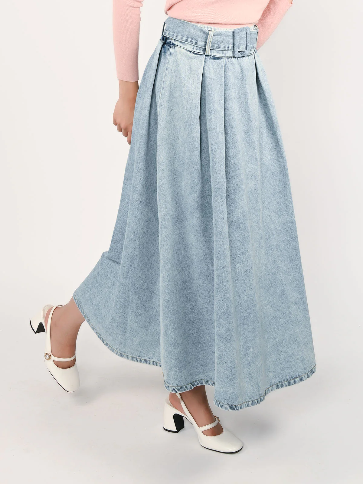 Odette Light Blue Denim Solid Skirt For Women - Image 2