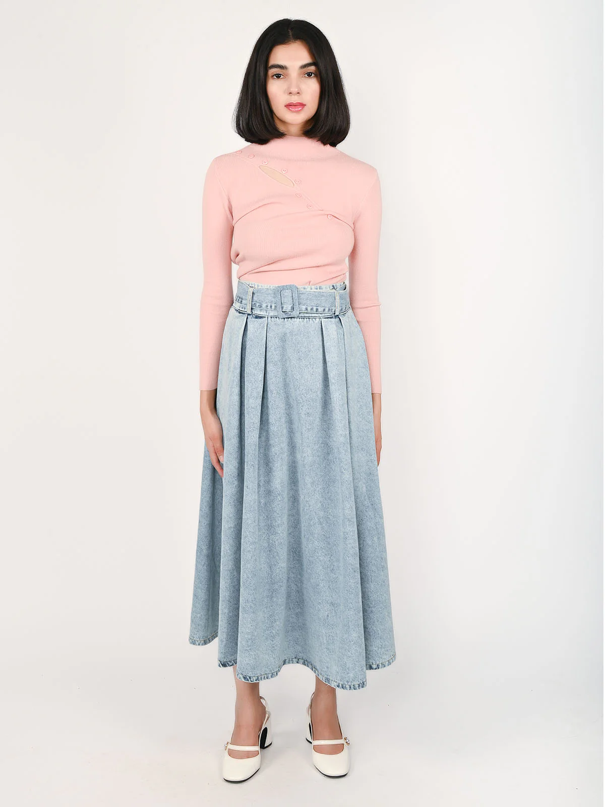 Odette Light Blue Denim Solid Skirt For Women - Image 5
