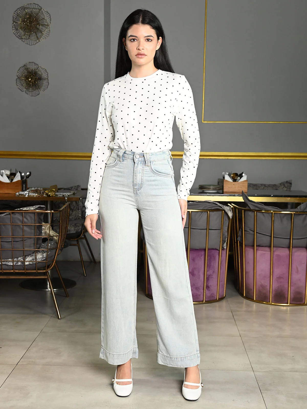 Odette Light Blue Denim Solid Trouser For Women