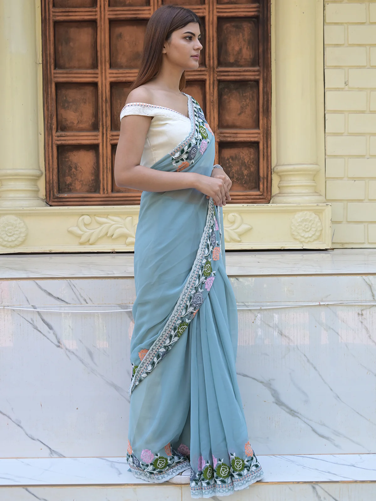 Odette Light Blue Embroidered Georgette Saree with Unstitched Blouse for Women - Image 2