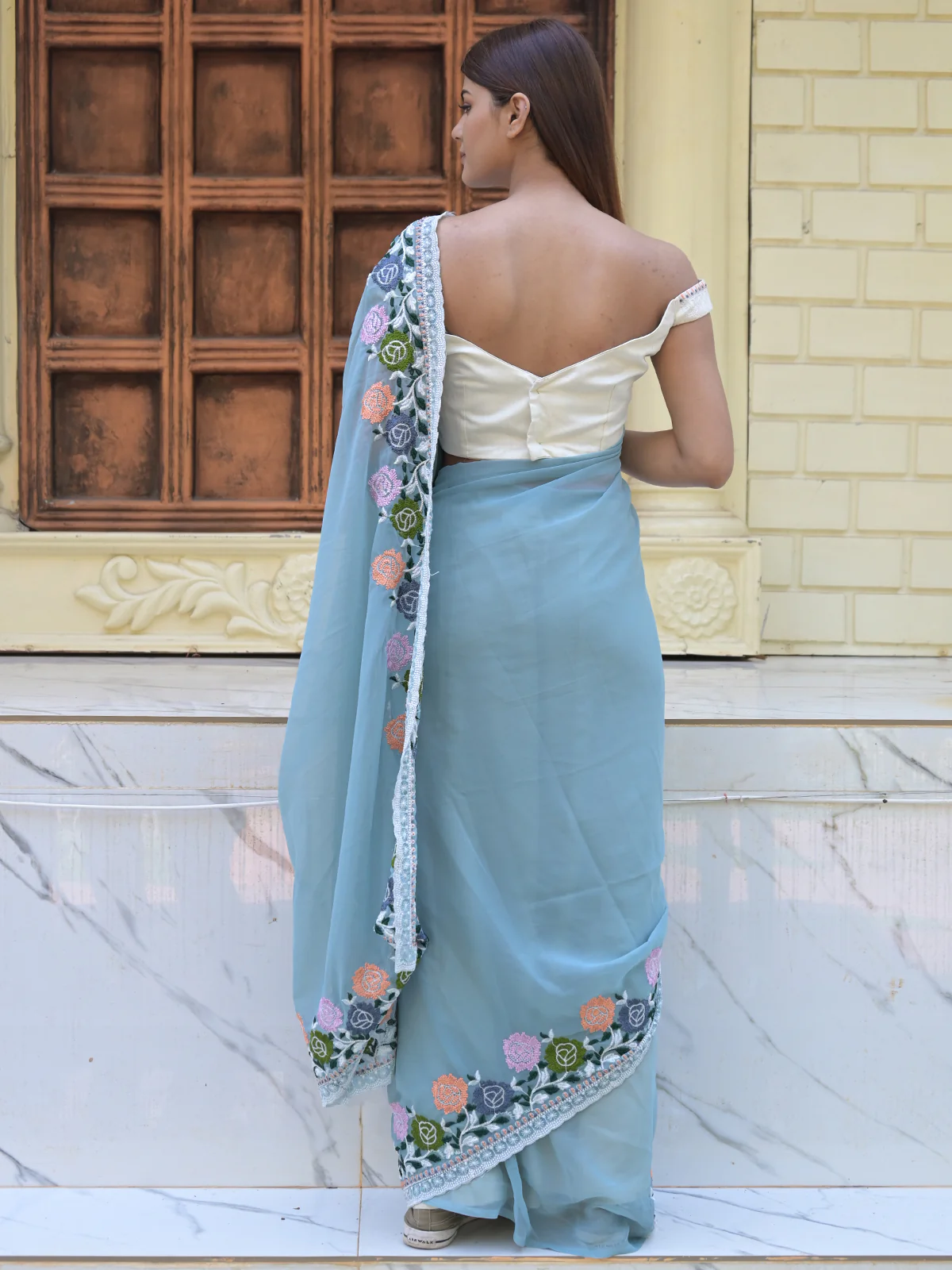 Odette Light Blue Embroidered Georgette Saree with Unstitched Blouse for Women - Image 3