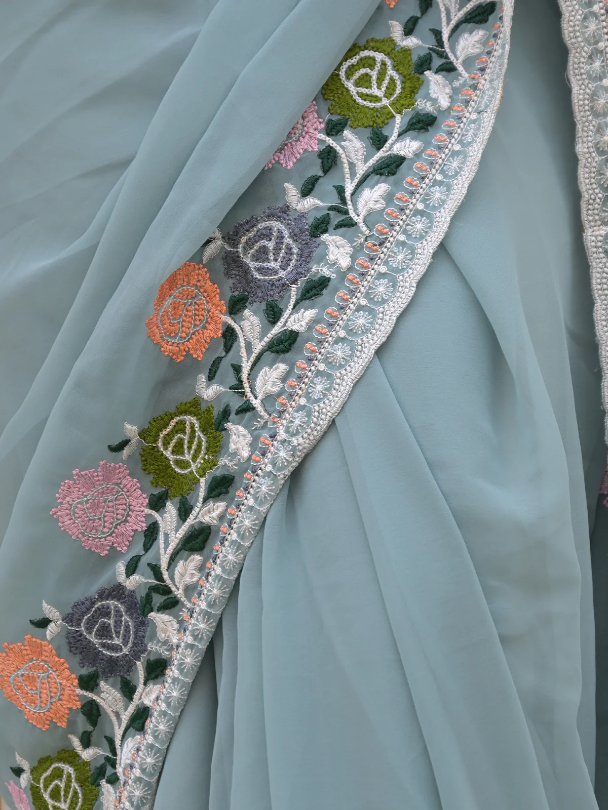 Odette Light Blue Embroidered Georgette Saree with Unstitched Blouse for Women - Image 5