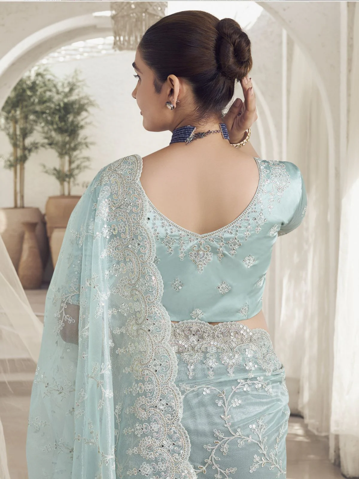 Odette Light Blue Embroidered Net Saree With Unstitched Blouse For Women - Image 3