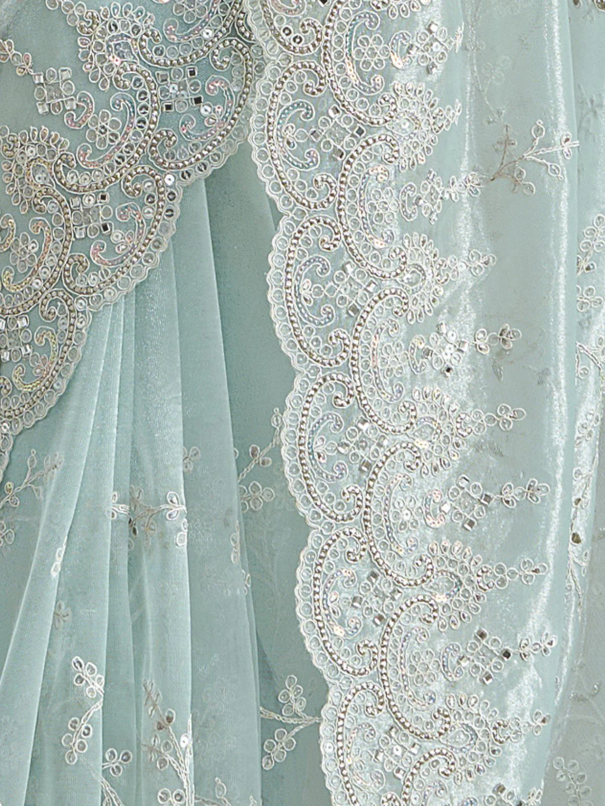Odette Light Blue Embroidered Net Saree With Unstitched Blouse For Women - Image 4