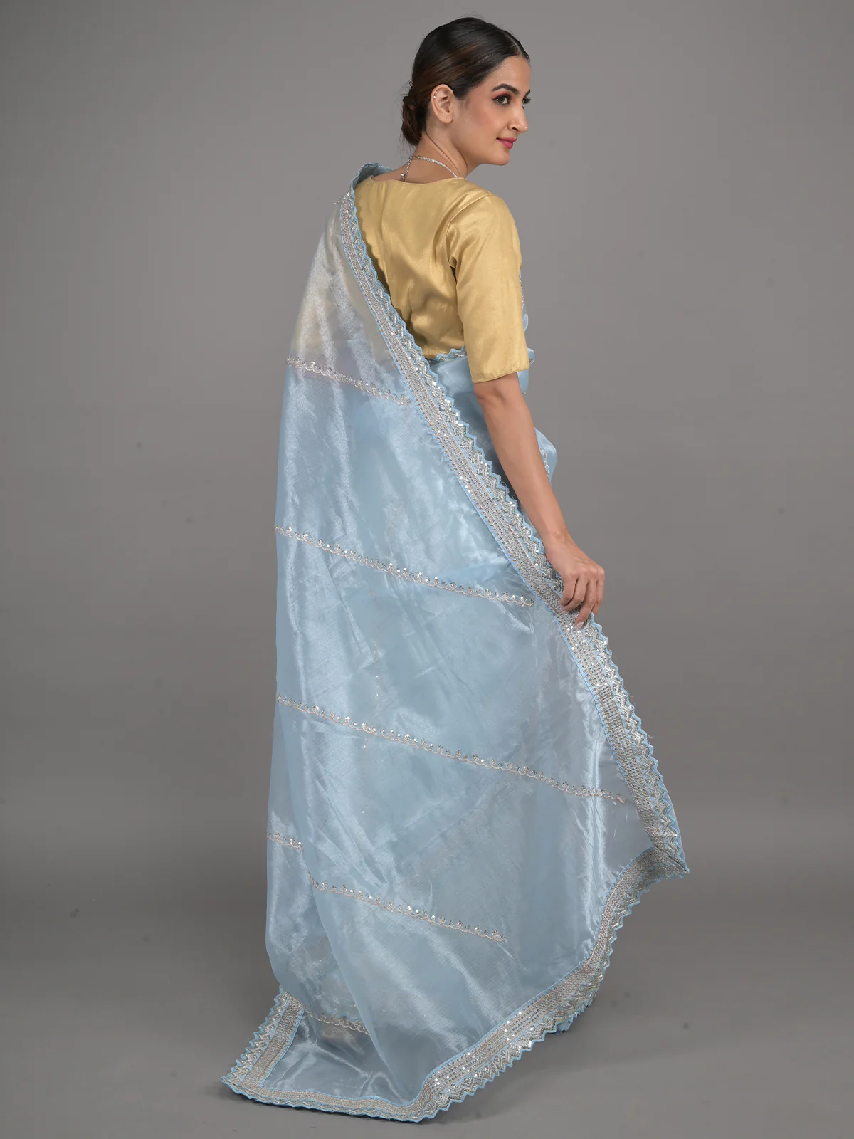 Odette Light Blue Embroidered Organza Saree With Unstitched Blouse For Women - Image 3