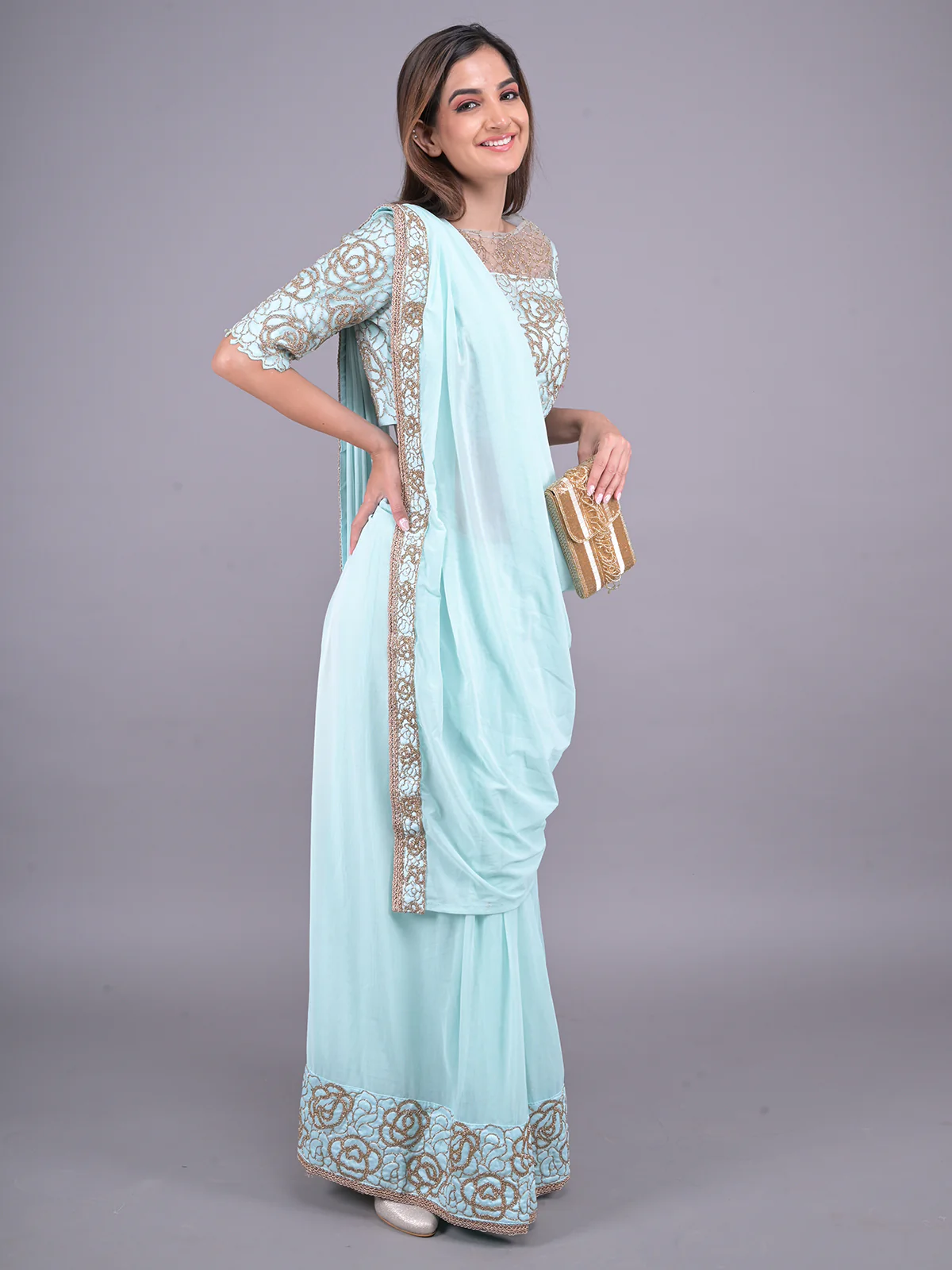Odette Light Blue Embroidered Ready-To-Wear Saree With Stitched Blouse For Women - Image 2