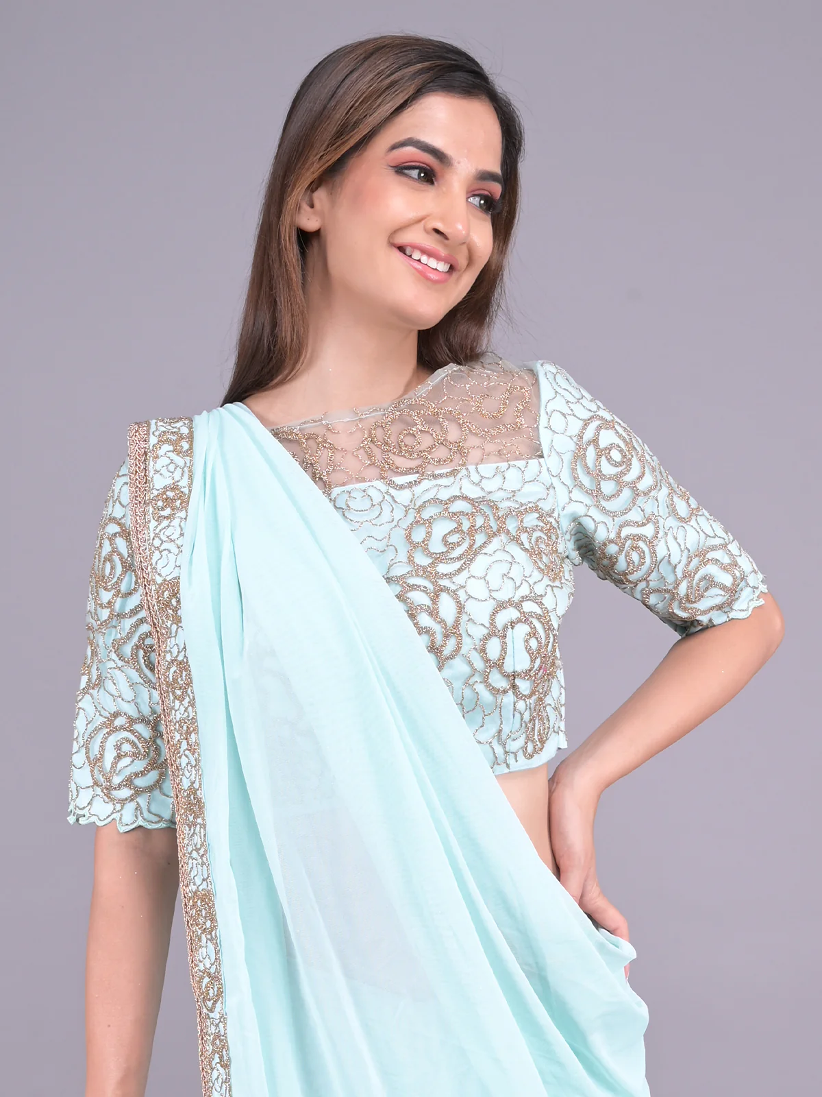 Odette Light Blue Embroidered Ready-To-Wear Saree With Stitched Blouse For Women - Image 4