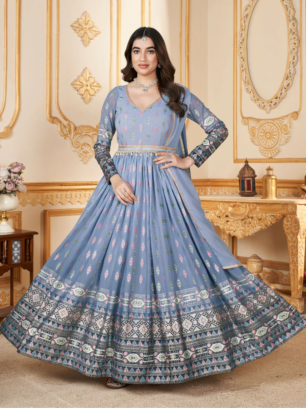 Odette Light Blue Faux Georgette Metalic Multi Foil Work Stitched Gown With Dupatta For Women - Image 3