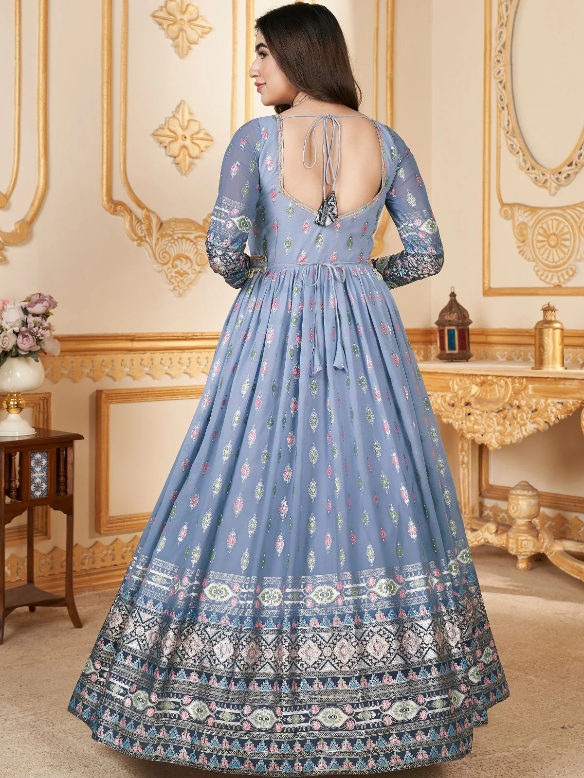 Odette Light Blue Faux Georgette Metalic Multi Foil Work Stitched Gown With Dupatta For Women - Image 4