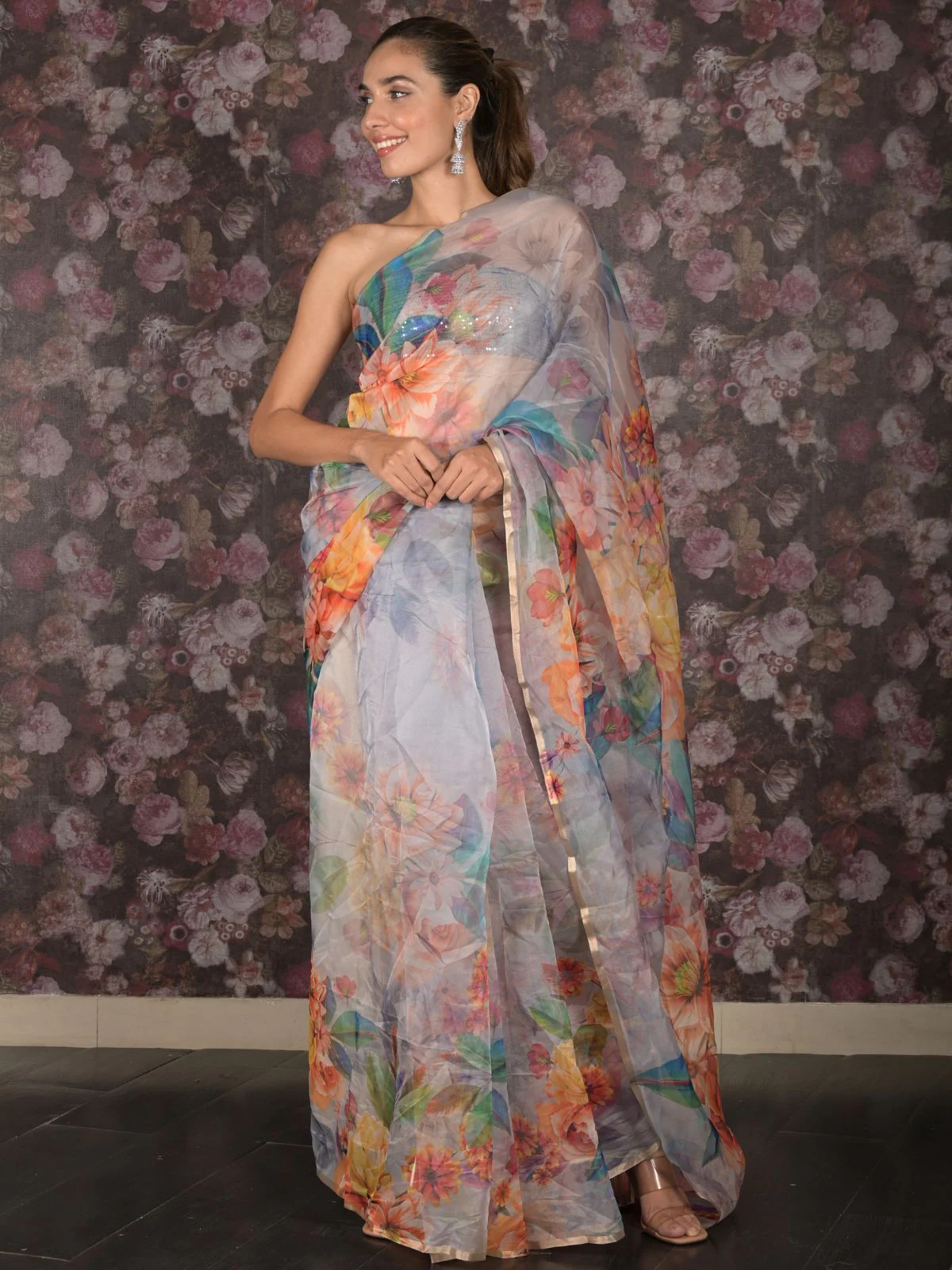 Odette Light Blue Floral Printed Organza Saree with Unstitched Blouse for Women - Image 3