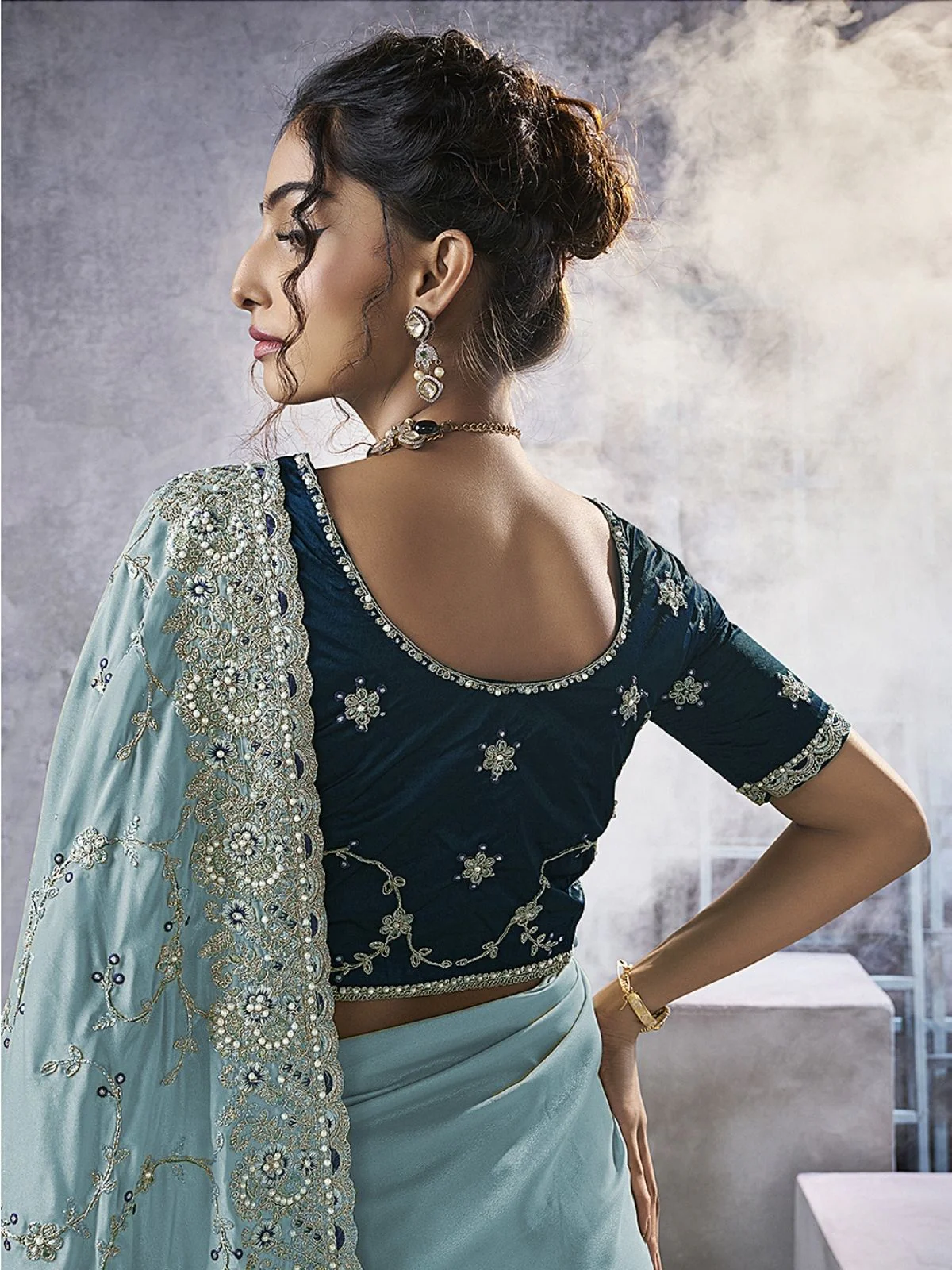 Odette Light Blue Georgette Embellished Elegant Saree For Women - Image 2