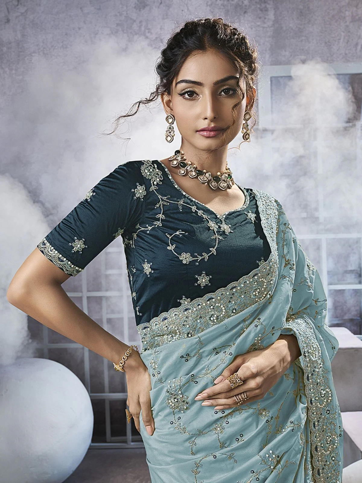 Odette Light Blue Georgette Embellished Elegant Saree For Women - Image 3