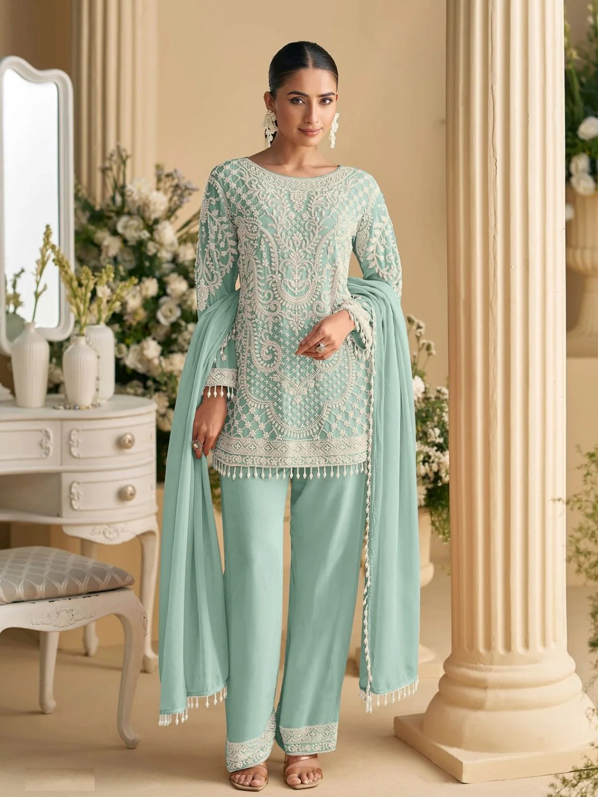 Odette Light Blue Georgette Embellished Semi Stitched Kurta Set For Women
