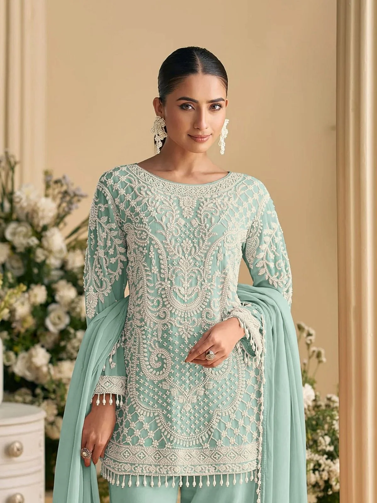 Odette Light Blue Georgette Embellished Semi Stitched Kurta Set For Women - Image 2