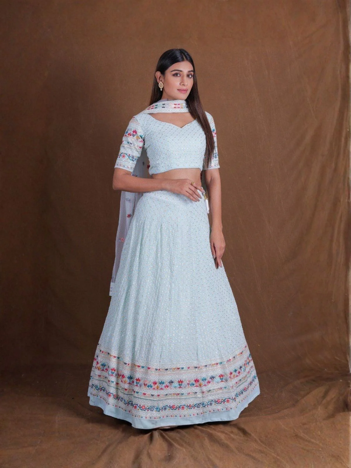 Odette Light Blue Georgette Embellished Semi Stitched Lehenga For Women - Image 2