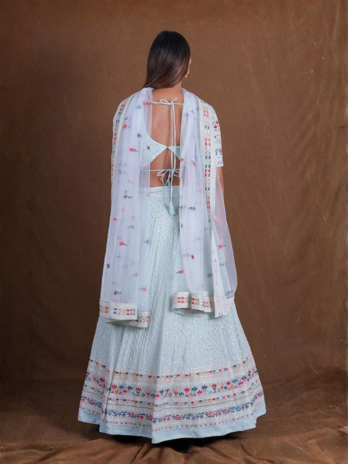 Odette Light Blue Georgette Embellished Semi Stitched Lehenga For Women - Image 3