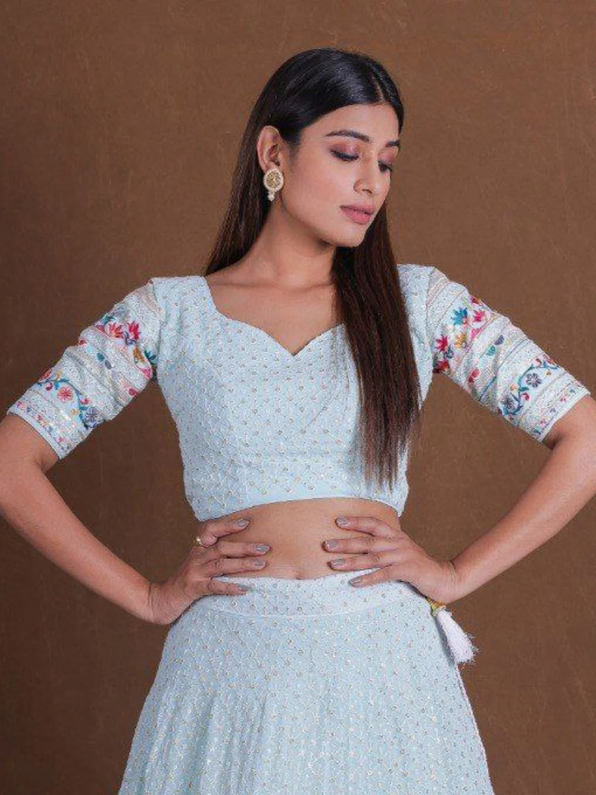 Odette Light Blue Georgette Embellished Semi Stitched Lehenga For Women - Image 4