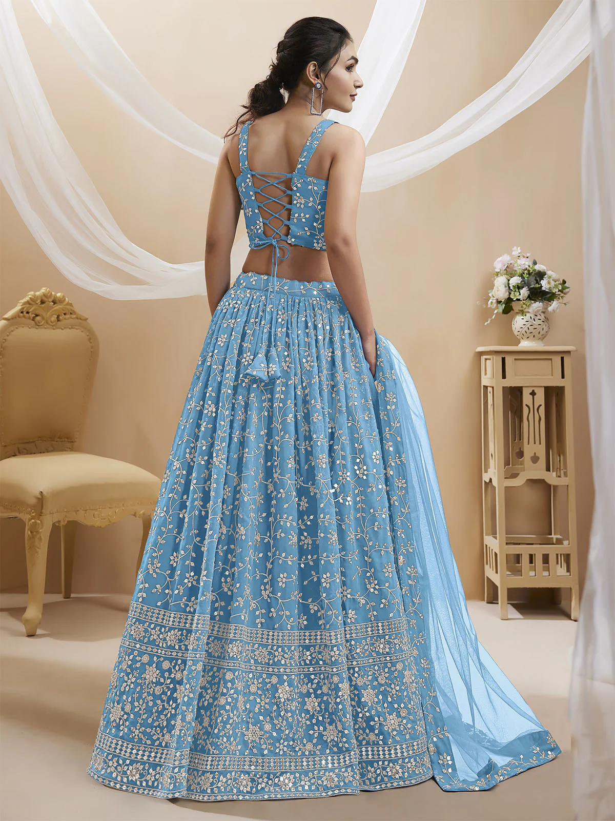 Odette Light Blue Georgette Embellished Semi Stitched Lehenga With Unstitched Blouse For Women - Image 3