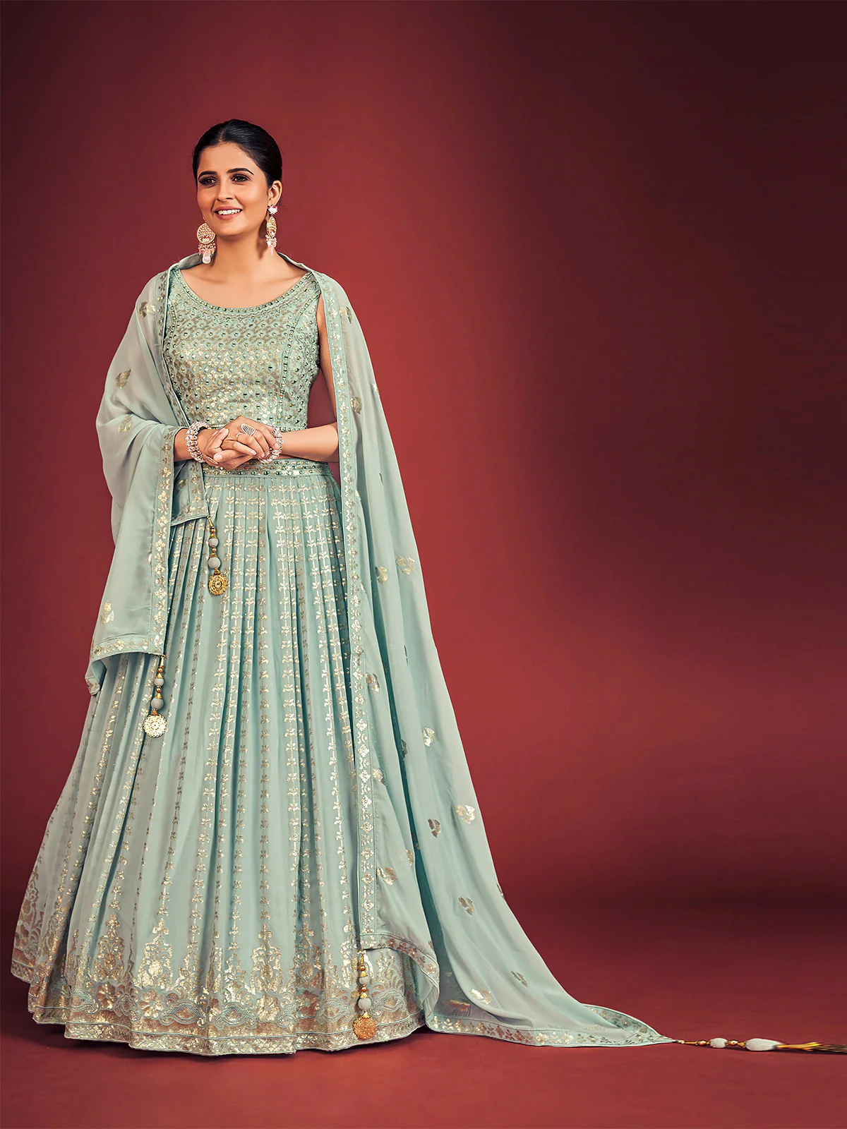 Odette Light Blue Georgette Embellished Stitched Lehenga Set For Women - Image 2
