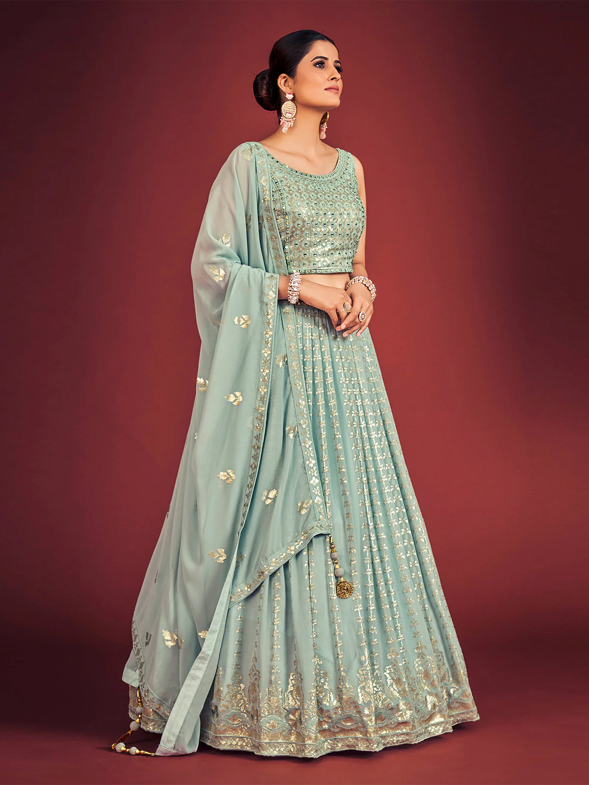 Odette Light Blue Georgette Embellished Stitched Lehenga Set For Women - Image 3