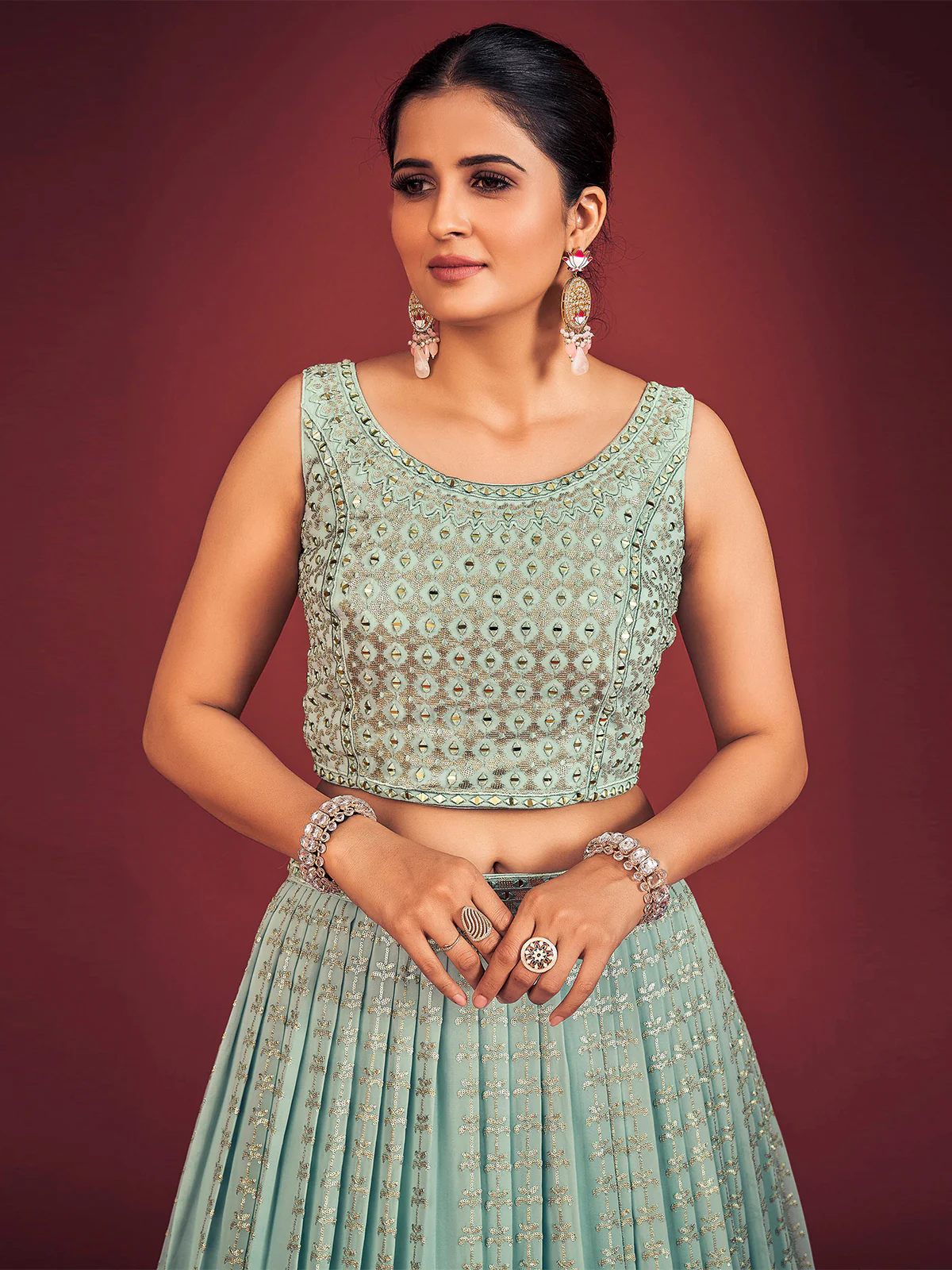 Odette Light Blue Georgette Embellished Stitched Lehenga Set For Women - Image 6
