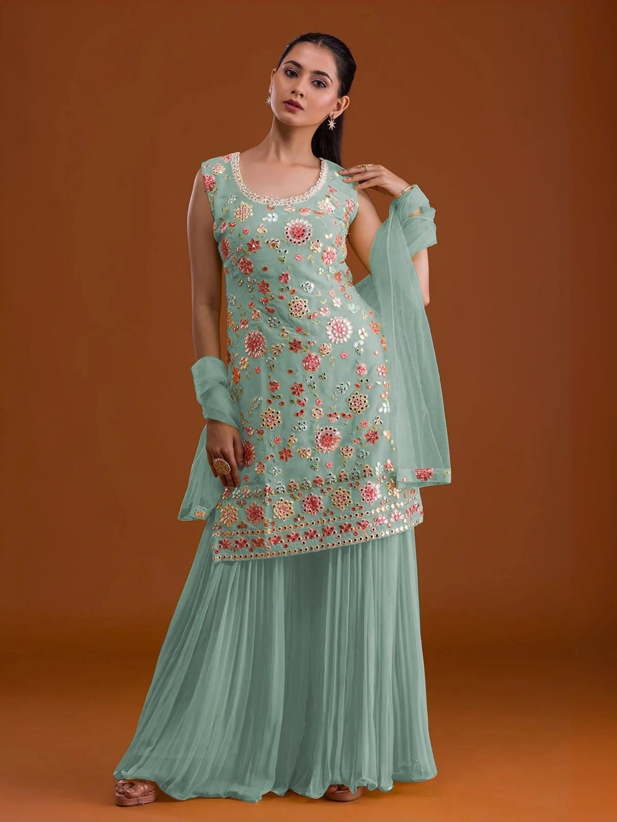 Odette Light Blue Georgette Embroidered Semi-Sitched Kurta Set For Women