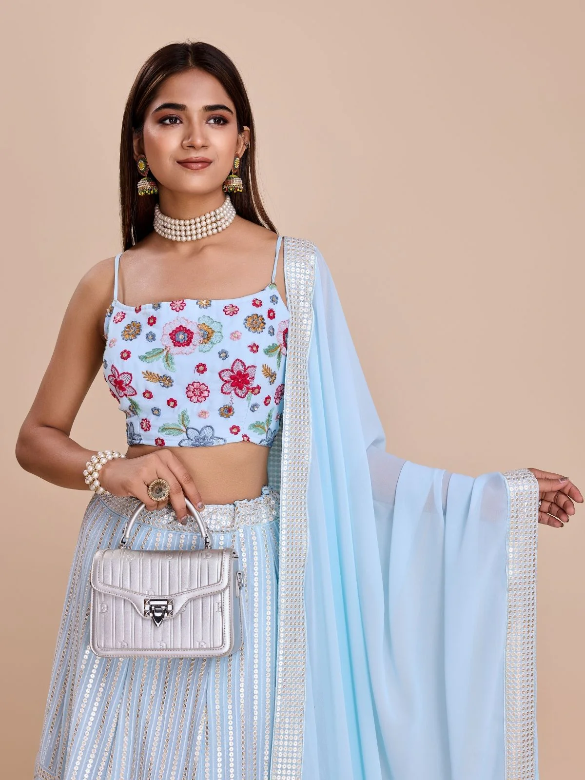 Odette Light Blue Georgette Embroidered Semi-Stitched Lehenga For Women - Image 5