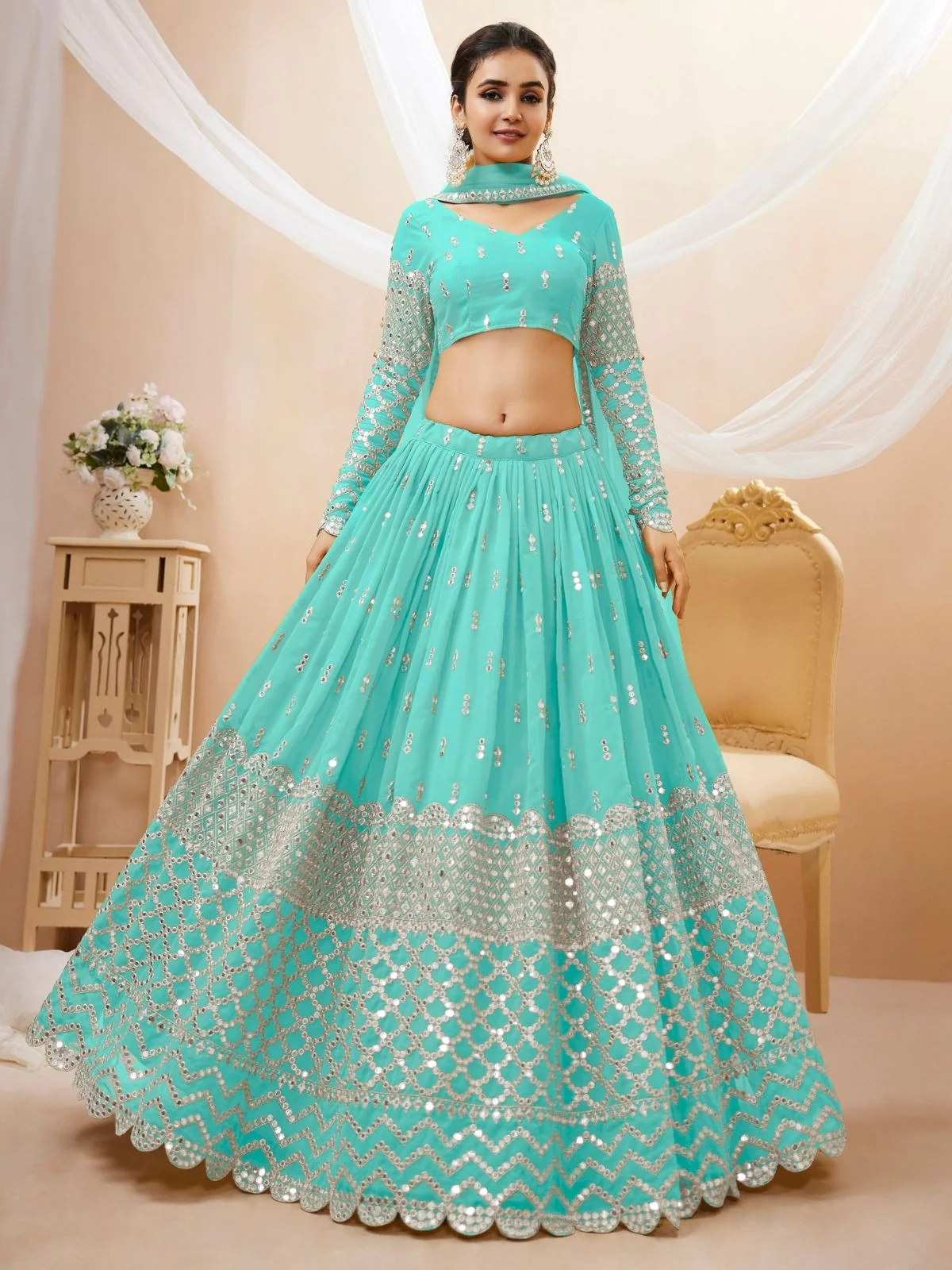 Odette Light Blue Georgette Embroidered Semi Stitched Lehenga With Unstitched Blouse For Women - Image 2