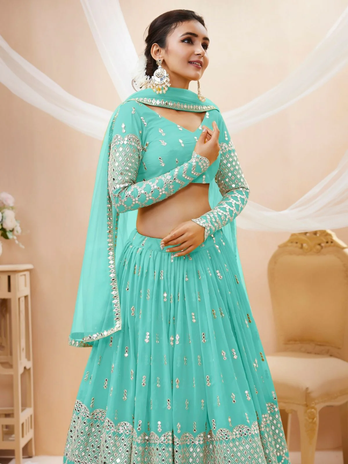 Odette Light Blue Georgette Embroidered Semi Stitched Lehenga With Unstitched Blouse For Women - Image 5