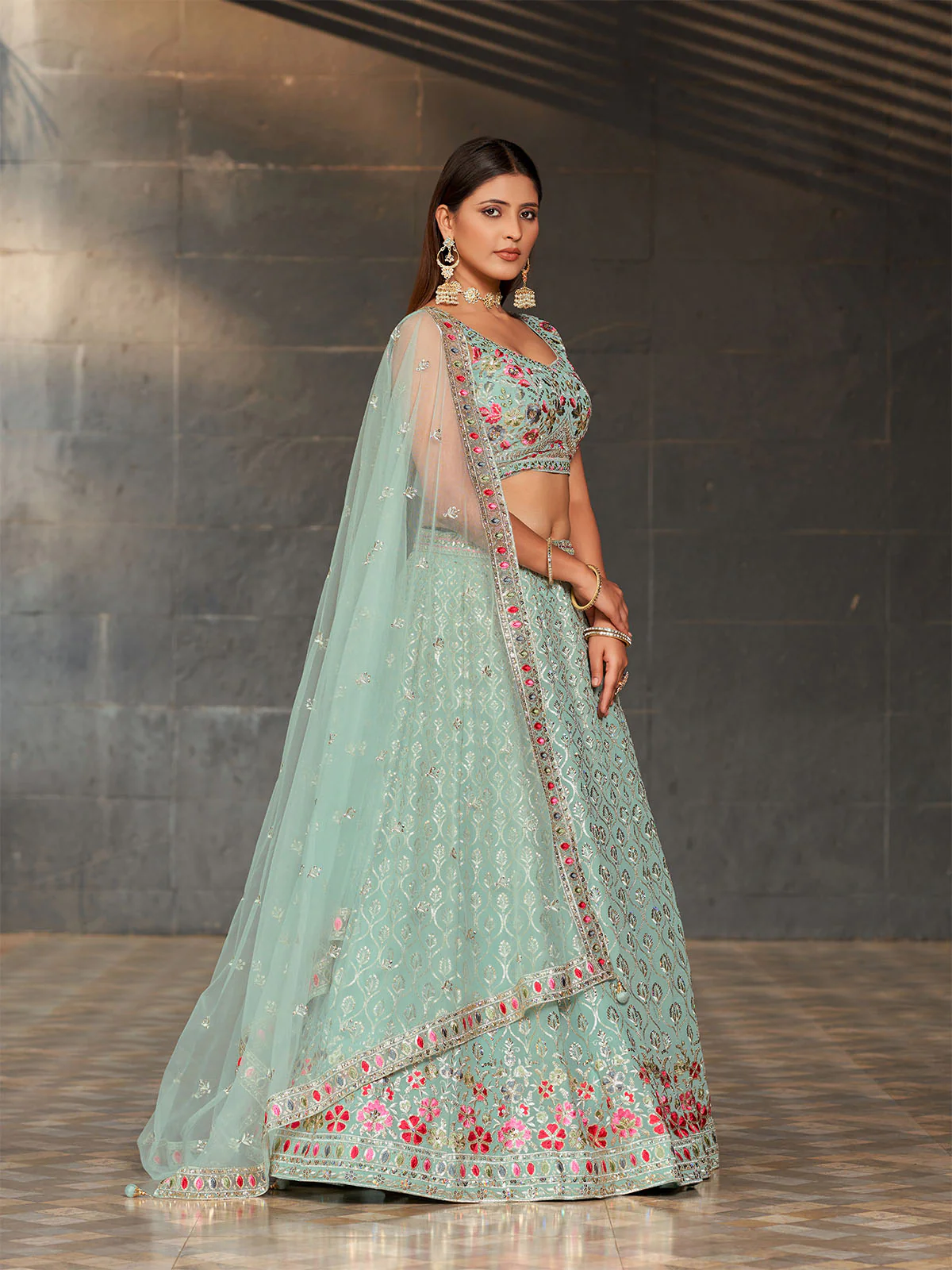 Odette Light Blue Georgette Embroidered Semi Stitched Lehenga With Unstitched Blouse For Women - Image 2