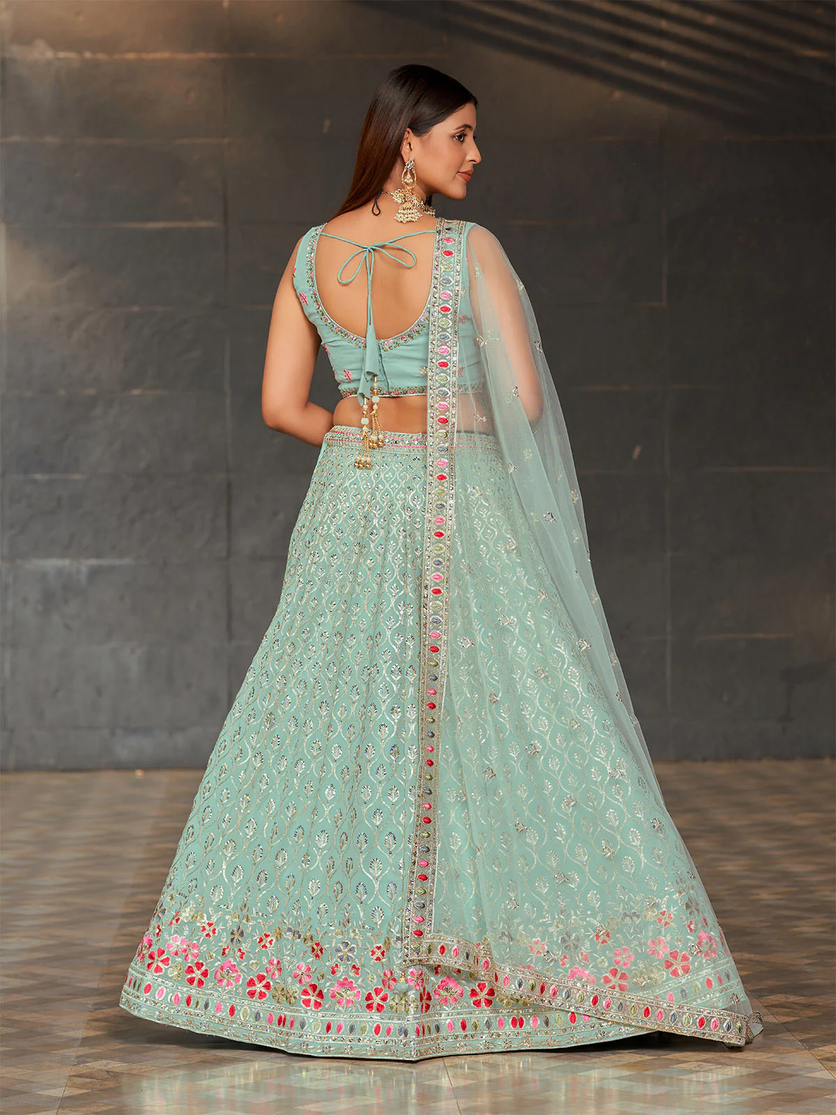 Odette Light Blue Georgette Embroidered Semi Stitched Lehenga With Unstitched Blouse For Women - Image 4